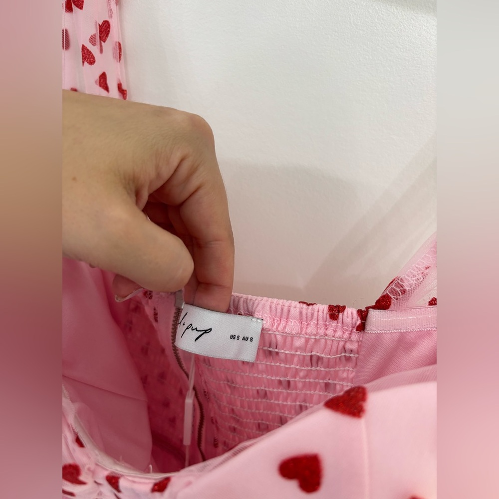 Petal & Pup Floret Pink Tulle Red Hearts Midi Dress Tie Straps NWT Valentines S - Picture 10 of 15